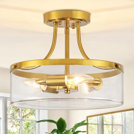 11.81" Brushed Gold Semi Flush Mount Ceiling Light Modern Glass Entryway Light Fixture Hallway Light Fixtures 3-Light Drum Ceiling Lamp for Bedroom Kitchen Island Dining Room Laundry Room Lighting