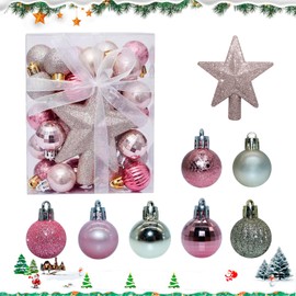 AMSNINK 30 Stück Mini Weihnachtskugeln Set, 3CM Kleine Christbaumkugeln Rosa mit Goldener Stern Baumspitze, Mini Kugeln Weihnachten für Tisch-Weihnachtsbaum Klein Weihnachtsdekoration
