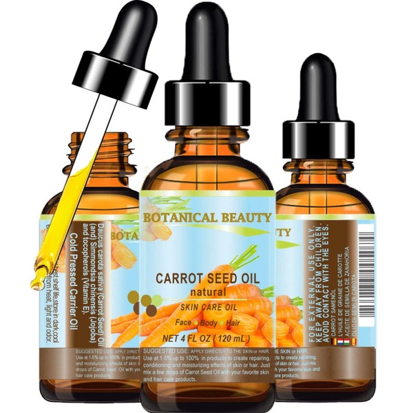 CARROT SEED OIL 100 % Natural Cold Pressed Carrier Oil. 4 Fl.oz.- 120 ml. Skin, Body, Hair and Lip Care. "One of the best oils to rejuvenate and regenerate skin tissues.” by Botanical Beauty