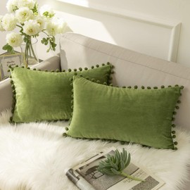 Ashler Throw Pillow Cases with Soft Pom Poms Velvet Plush Vibrant Elegant Cushion Covers, Pack of 2, Green 12 x 20 Inches 30 x 50 cm
