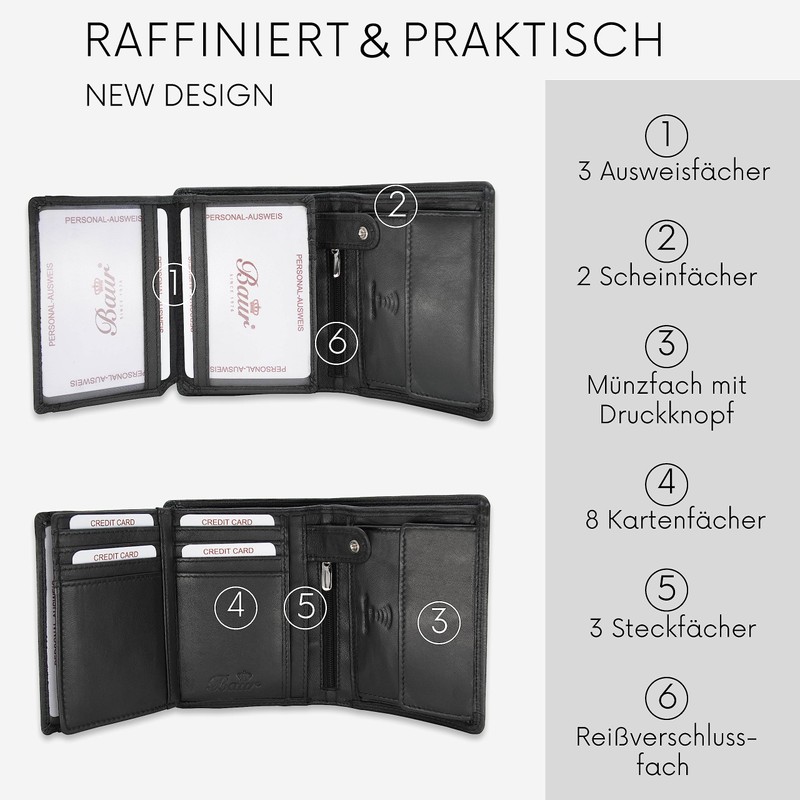 Baur Men's Genuine Leather Wallet with RFID Protection, Portrait Format,