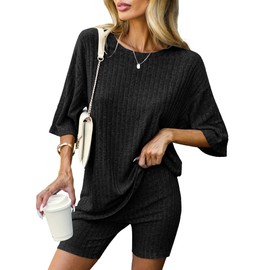 Ekouaer Pajamas 2 Piece Lounge Sets Ribbed Knit Matching Outfits T-shirt Biker Shorts Sleepwear Loungewear Sweatsuits Black Small