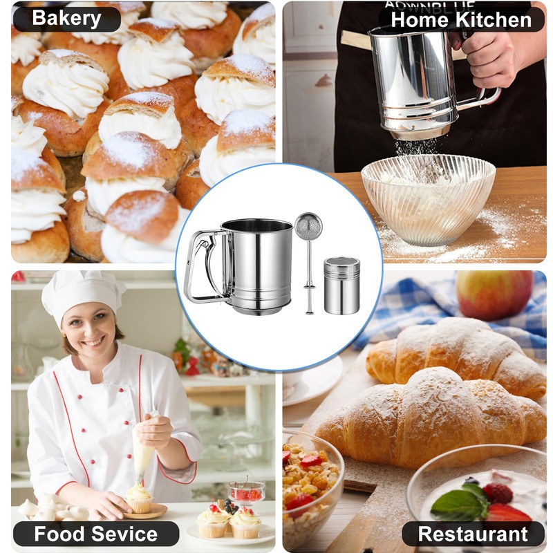 Flour Sifter Stainless Steel,3 Cup Flour Sifter for Baking,3 in1