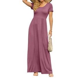 DB MOON Womens Maxi Dresses Casual Short Sleeve & Pockets Empire Waist Long Dress for Beach Party M, Mauve