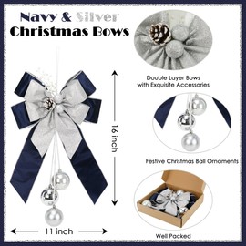 AIMUDI Navy Blue Christmas Tree Topper Bows, 11 x 16 Inches Blue Christmas Bows Silver and Blue Bows for Christmas Tree Decorations Velvet Ribbon Bows for Wreaths, Lantern, Cabinet, Staircase, 1 PC