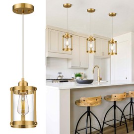 Osimir Brushed Gold Pendant Lights Kitchen Island, 1-Light Modern Brass Mini Hanging Light Fixtures with Clear Glass, Farmhouse Kitchen Pendant Lighting Over Island for Sink, OS-3014-1PBG
