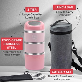 Easy Togo 3 Tier Lunch Box 43Oz-Pink Stainless Steel Stackable Lunch Box with Lunch Bag & Cutlery Set, Portable Lunchbox, Portion Control Meal Prep Togo Lunch Containers for Adults, Women, Men