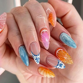 24 Pcs Summer French Tip Press on Nails Medium Almond, Artificial Acrylic Fake Nails with Glue, Full Cover Almond Shaped False Nails with 3D Orange Design, Glossy Glue on Nails for Women DIY Nails