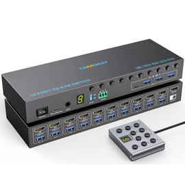 10 Port 8 Port HDMI KVM Switch 4K@60Hz EDID Simulation, USB3.0 KVM Switch HDMI for 10 Computers Share 1 Monitor and 4 USB Devices, KVM Switches with Audio RS232 Wired Remote 12V Power and USB Cable