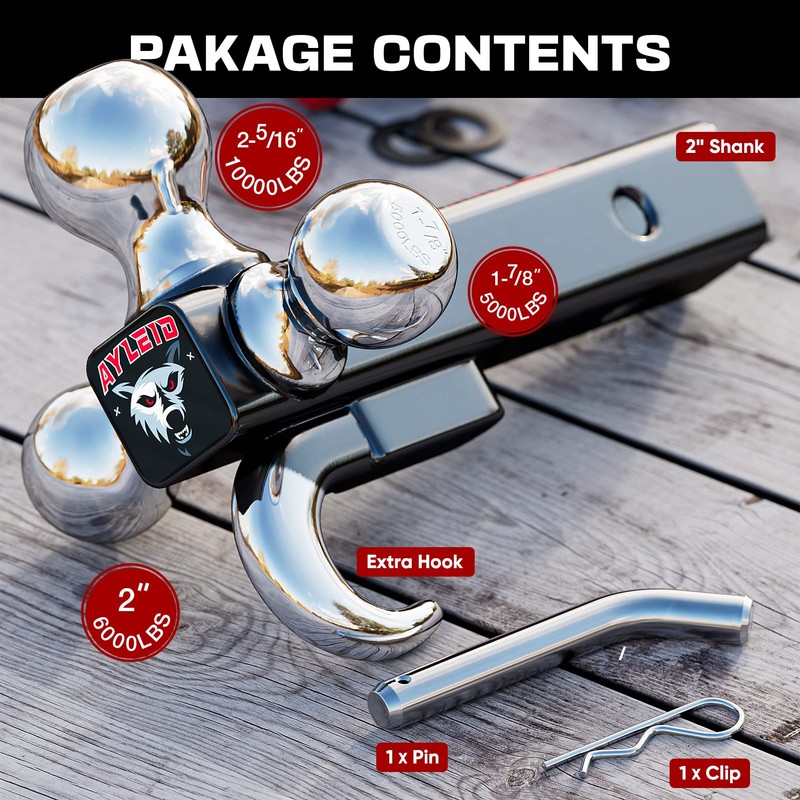 Ayleid Trailer Hitch Tri-Ball Mount with Hook & Pin Balls