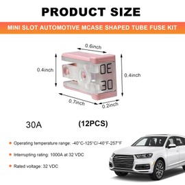 FSTURIOS 12PCS Mini Slotted Automotive MCASE Shaped Cartridge Fuse Kit, 30A 32V Micro Cartridge Fuse Assortment, MCASE Type Low-Profile Slotted Fuse Replacement for Car Truck SUV