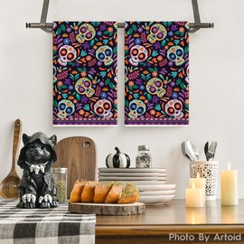 Artoid Mode Sugar Skull Day of The Dead Kitchen Towels Dish Towels, 18x26 Inch Daisy Flower Mexican Decor Hand Towels Set of 2