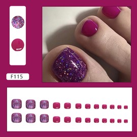 Vezocim Press on Toenails with Glitter Designs, 24Pcs Purple Artificial Short Fake Toenails, Glossy Full Cover Acrylic False Nails for Toe, Glue Toenails with Charm for Women Girls