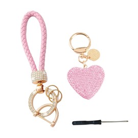 Lpolkvemelh Heart Keyring, Car Key Ring for Women with 1 Anti-Lost D-Ring, 2 Key Rings, Pink Heart-Shaped Glitter Rhinestones, Bag Charm for Bags, Handbags, Car Keys, pink, Unit size