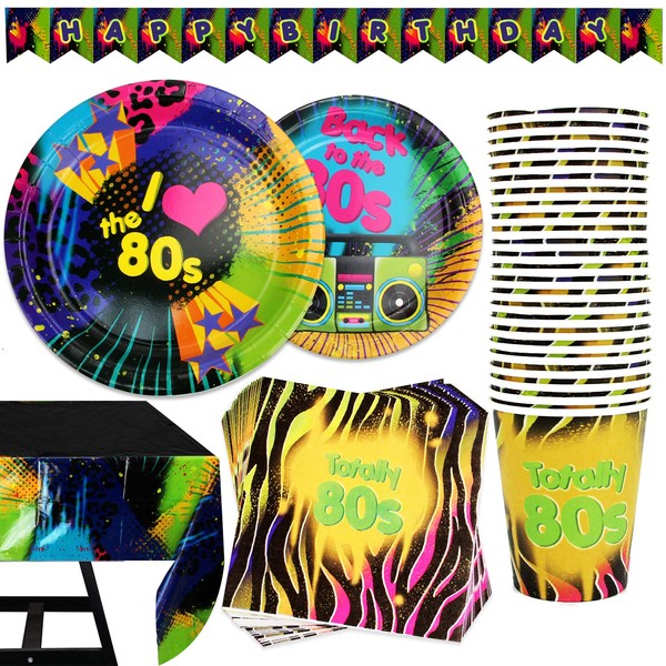 102 Piece 80s Party Decorations Set with Banner, Plates, Cups, Napkins, and Tablecloth, Serves 25 - Retro 80s Party Supplies for 80s Themed Parties