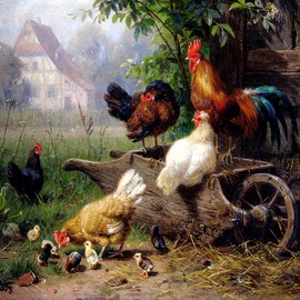 Tile Mural Farm Rooster Chickens by Carl Jutz Kitchen Bathroom Wall Backsplash Behind Stove Range Sink Splashback One Tile 6" Marble, Matte