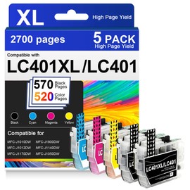 BAOYAN LC401XL Ink Cartridges for Brother Printer Compatible for LC401 401XL Ink Cartridges for MFC-J1010DW MFC-J1012DW MFC-J1170DW Printer 5 Pack (2 Black, 1 Cyan, 1 Magenta, 1 Yellow)