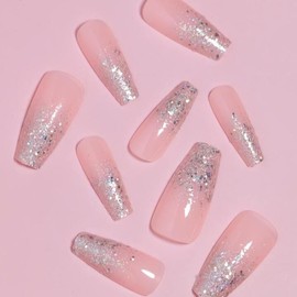 Get Glamorous With 24pcs Light Nude Pink Press On Nails, Long Almond Glitter Ombre Full Cover Fake Nail Set Nail Art Nail Care Nail Polish Polish Color Cutics