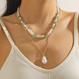 Kenjudess Boho Layered Pearl Beaded Necklace Choker Trendy Natural Stone Bead Necklace Y2K Colorful Crystal Summer Beach Jewelry Gifts for Women (Green)