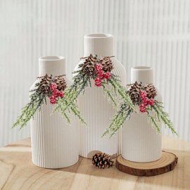 Christmas Ceramic Vases, Set of 3 Indoor White Ribbed Minimalist Vases with Pineflower Rings Xmas Decorations, Decorative Vase Centerpiece for Table, Shelf, Fireplace, Entryway, Christmas Home Decor