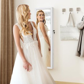 MASMIRE LED Jewelry Cabinet with Mirror - 47.3" Mirror Jewelry Armoire Door Hanging/Wall Mounted Mirror with Storage And Drawers White