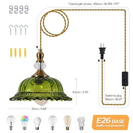 DHDSOUR Plug in Hanging Light. Green Glass Retro Chandelier. Bedroom, Living Room, Dining Room, Corridor, Foyer, Kitchen Island. Comes with 14.7-Foot Cord for on/Off