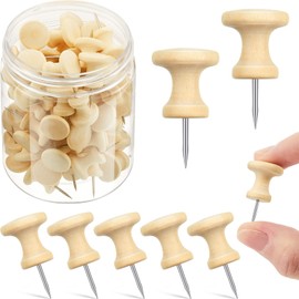 Outus 60 Pieces Giant Push Pins Large Thumb Tacks Jumbo Push Pins 1 Inch Plastic Heads Pins for Cork Board Map Posters Office School(Wood Color)