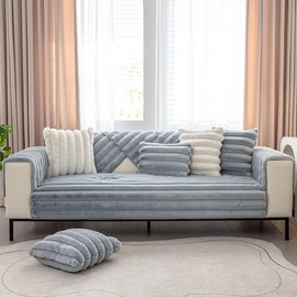 vctops 3D Striped Faux Fur Couch Cover Thick Warm Soft Sofa Cover Non Slip Fuzzy Plush Furry Sofa Slipcovers Shaggy Cozy Washable Furniture Protector for Pets, Kids (Greyish Blue,36"x70")