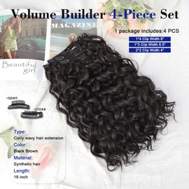 18 Inch Curly Wavy Clip in Hair Extensions 4PCS,QGZ Heat-Stylable Synthetic Lace Weft Extensions for Women, Black Brown for Daily & Party Wear