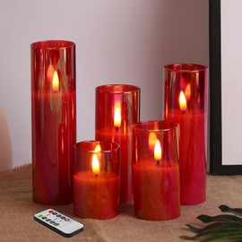 Girimax Slim Tall Red Glass Flameless Candles with Remote, Flickering LED Votive Pillar Battery Candles Φ 2" H 3" 4" 5" 6" 7"
