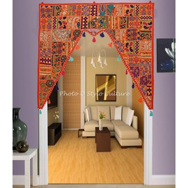 Stylo Culture Ethnic Cotton Swag Curtain Large Door Valances For Living Room Orange Vintage Embroidered Patchwork Floral Scarf Curtain Topper Bedroom Window Hanging Toran Gate | 45 x 41 Inches