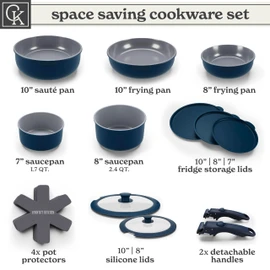 Country Kitchen Cookware Set with Removable Handle, Oven & RV Safe Pots and Pans Set, Denim, Original