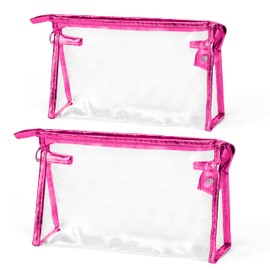 Y1tvei Clear Makeup Bag Set - 2Pcs Preppy Clear Cosmetic Travel Bag TSA Approved Large PVC Transparent Waterproof Plastic Sunscreen Pouch Beach Pool Summer Toiletry Organizer for Women(Rose Red)