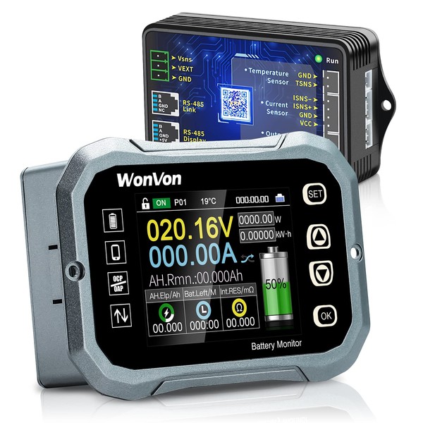 WonVon Monitor de batería inteligente de 400 A – Monitor de batería RV con soporte de derivación, alarma programable de alto y bajo voltaje para batería de 0 V-120 V, compatible con Bluetooth para baterías selladas de litio de 12 V, gel, baterías inundad