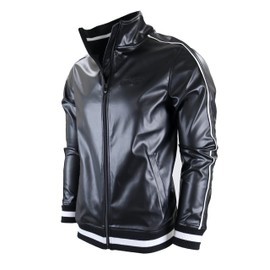 SCREENSHOT-F61307 Mens PU Urban Premium Track Jacket - Vegan Leather Athletic Active Streetwear Fashion Top-Black-Small