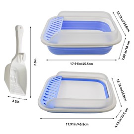 MUYG High Sided Cat Litter Box, Anti-Splashing Low Entry Cats Litter Pan with Scoop Collapsible Foldable Shallow Kitten Potty Toilet Waterproof Cat Travel Litterbox Semi-Enclosed Easy Clean(Blue)