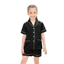 SWOMOG Satin Pajamas Sets 2PCS Silk Button-Down Pjs Short Sleeve Nightwear Comfy Lounge Sets Black