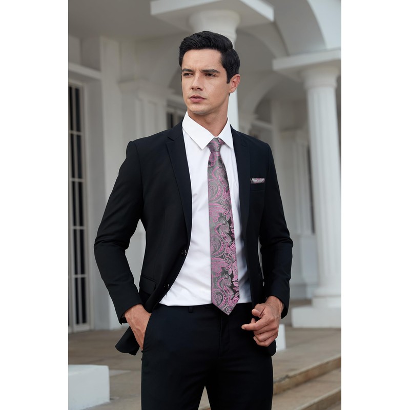 Enlision Men's Ties Pink Paisley Clip Tie and Pocket Square