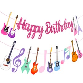 Guitar Happy Birthday Banner Hot Pink Guitar Music Birthday Party Decoration for Music Instrument Baby Shower Supplies