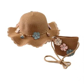 easylivegogo Straw Hat, Girls, Crossbody Bag, Children, 2-piece Set, Cute, Natural Material, Floral, Knitted, Straw Hat, Bag, Wide Brim, UV Protection, Sun Protection, Foldable, Convenient Storage,