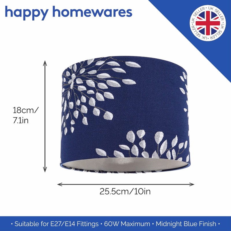 Modern 10inch Navy Midnight Blue Drum Lampshade with Off-White Floral