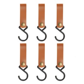 Mikihat Pack of 6 S Camping Hooks, S Hooks with Leather Loop, PU Leather Brown Hooks with Loop, Multi-Purpose Hooks for Tableware, Lantern, Wardrobe, Clothes Rail, Kitchen, Bathroom, Backpack, Pram,