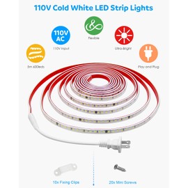 Aclorol 5M Outdoor Led Strip Lights Waterproof AC 110V-130V Flexible LED Rope Lights Outdoor Cool White 6000K Cuttable LED Lights String for Garden Patio Indoor Decorative Lighting 120LEDs/M 16.4FT