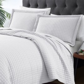 EXQ Home Quilt Set Full Queen Size White 3 Piece,Lightweight Soft Coverlet Plaid Pattern Bedspread Set for All Season(1 Quilt,2 Pillow Shams)