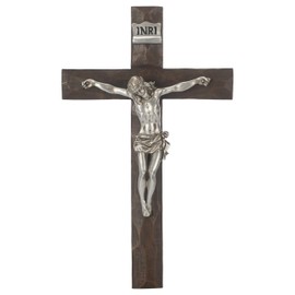 Jesus Crucifix Silver Tone and Natural Brown 12 inch Resin Stone Wall Cross