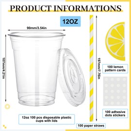 Gilprop 100 Sets Plastic Lemonade Cups with Lids and Straws 12 oz Disposable Yellow Lemon Cups Bulk with Stickers Lemonade Stand Supplies for Cold Beverage Drinking Summer Fruit Birthday Party Favor