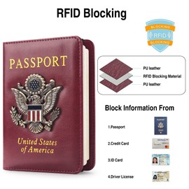 FACATH Passport Holder for Men, Rfid Blocking Passport Wallet Card Slots, Passport Cover for Women with Metal 3D Metal Badge, Travel Wallet Travel Accessories Document Organizer (Wine Red)