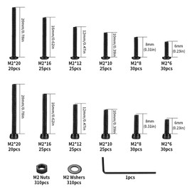 930 Pcs M2 Bolts and Nuts Set with Washers, Hex Socket Head Cap Screws Bolt Set & Hex Socket Button head Cap Screw, Small Pan Hear Machine screws bolts, 12.9 Grade/10.9 Grade Carbon Steel, Black