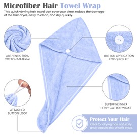 Glamza Microfibre Hair Towel Wrap Super Absorbing Twist Turban Hair Wrap with Buttons for Fast Drying Hair (3 PACK (LARGE) - BLUE,NUDE,GREEN)