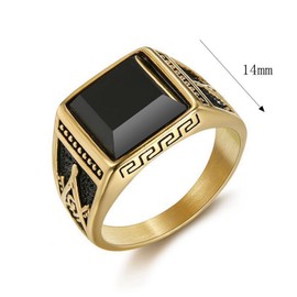 Vintage Black Stone Onyx Signet Ring for Men Boys,Antique Stainless Steel Gold-Plated Ring Freemasonry Masonic Agate Pinky Ring Titanium Steel Ring Gemstone Signet Unique Fashion Biker Jewelry, Large,